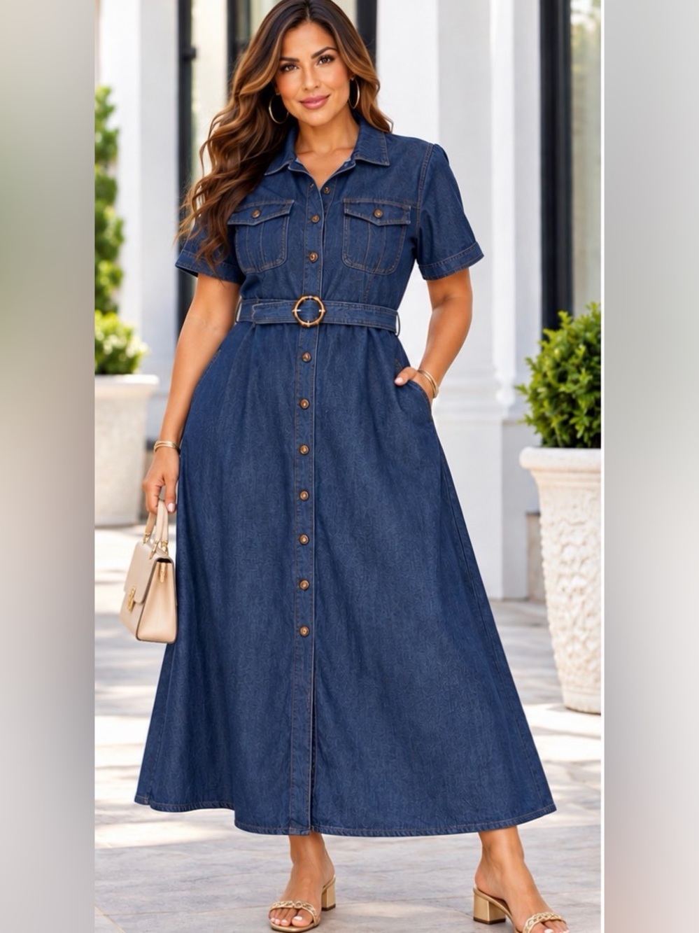 Chartou~ Blue Denim Button-Front Belted Shirt Dress. L (See measurements below)